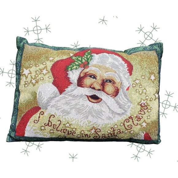Set of 2 Jaquard Santa Pillows Christmas Green Back I Believe in Santa Claus - Picture 1 of 6
